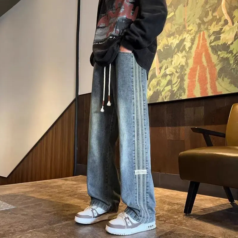 Three bar American retro jeans men's spring and autumn new style high street elastic waist loose casual men's straight leg long