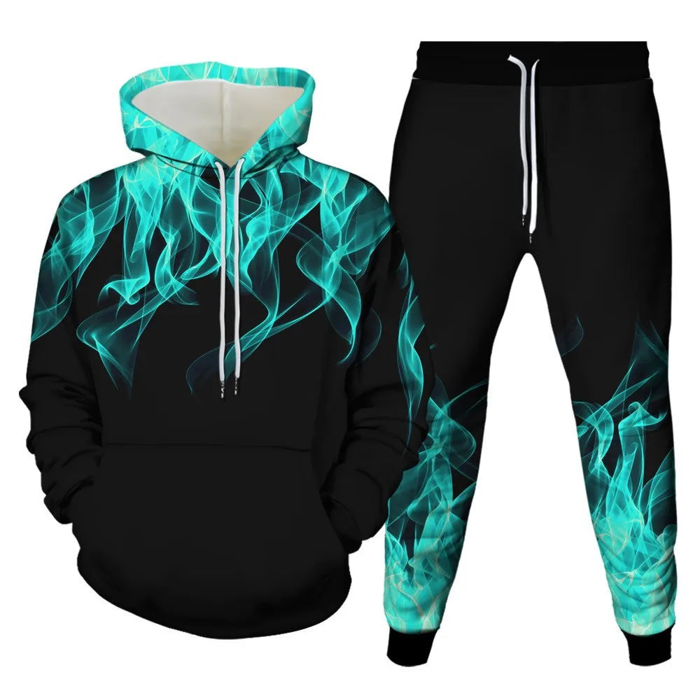 Hoodies Set 3D Print Colored flame Tracksuit Set Man Woman Hoodies+Pants 2pcs Sets Fashion Sportwear kids Pullover Coat Clothing