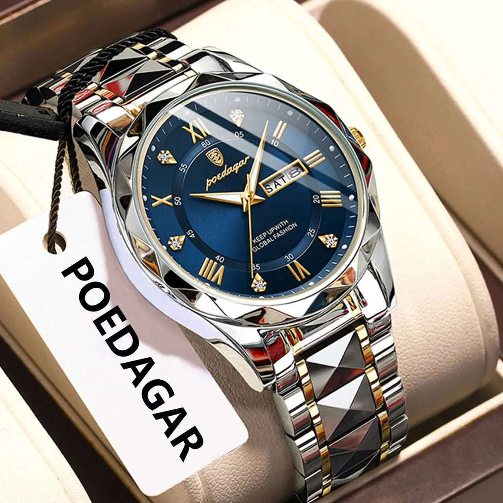 POEDAGAR Luxury Business Men's Watches Waterproof Stainless Steel Luminous Man Wristwatch Date Week Quartz Sport Men Watch Reloj