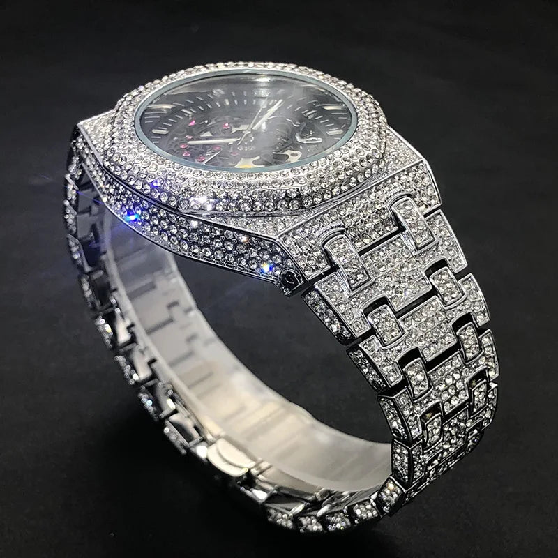 Automatic Watch For Men Luxury Full Ice Out  Hip Hop Tourbillon Watches Bling Diamond Gold Male Mechanical Clock Dropshipping