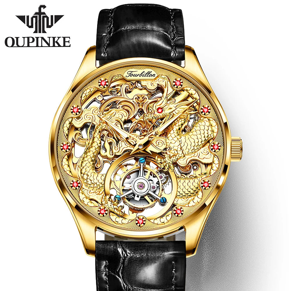 OUPINKE Gold Dragon Automatic Watch for Men Tourbillon Skeleton Mens Watches Original High Quality Luxury Mechanical Wristwatch