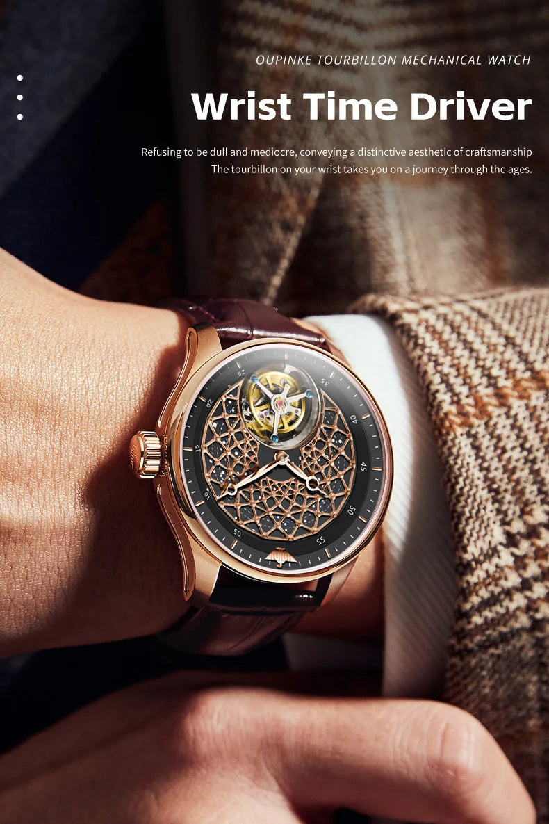 OUPINKE 8002 Watch Man Hollow Deep Waterproof Tourbillon Mechanical Watch For Men Synthetic Sapphire Mirror Fashion Hand Clock