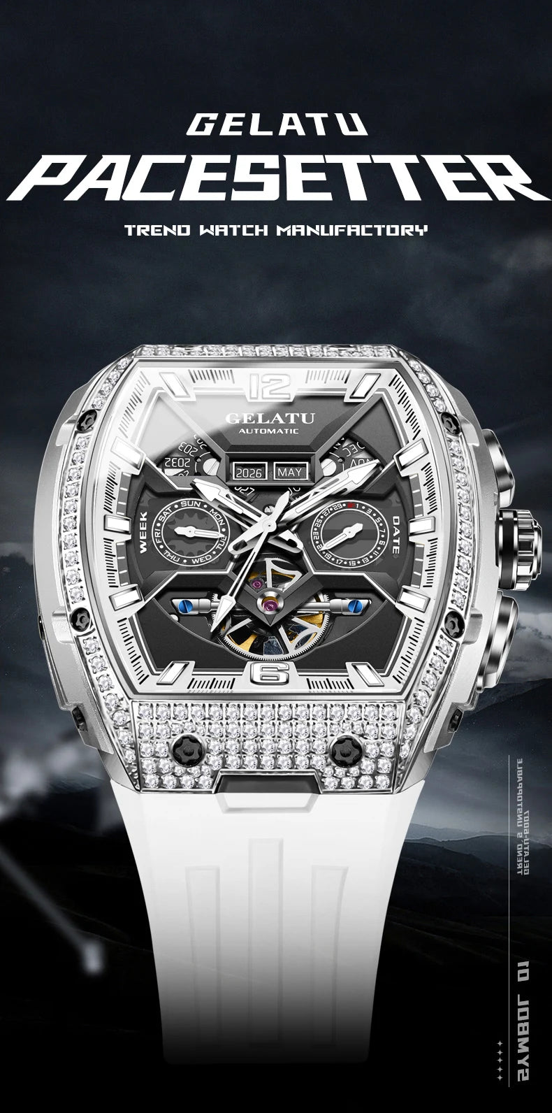 GELATU Top Brand Men's Watches Full Automatic Wristwatch for Man Hollow Mechanical Flywheel Date Week Waterproof Luminous