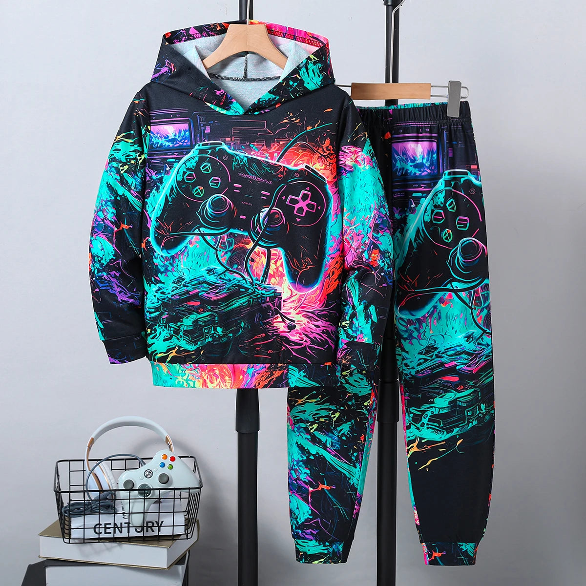 Boys' New Abstract Art Game Console Printed Hooded Sweatshirt Long-Sleeved Pants Two-Piece Autumn and Winter Suit Loose Casual Style