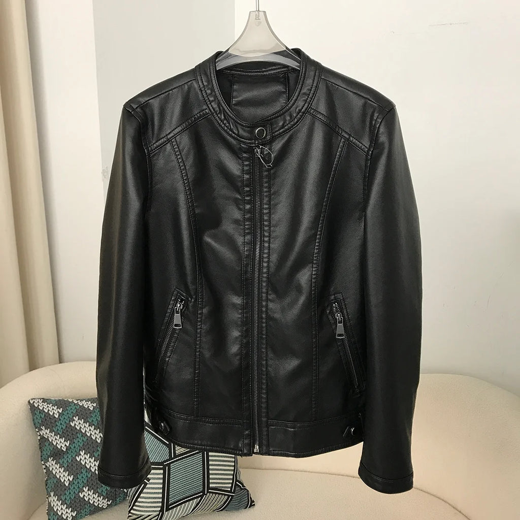 PU Leather Jacket 2024 Spring Autumn Style Round Neck Casual Fashion Slim Versatile Trendy Motorcycle Faux Leather Jacket Women