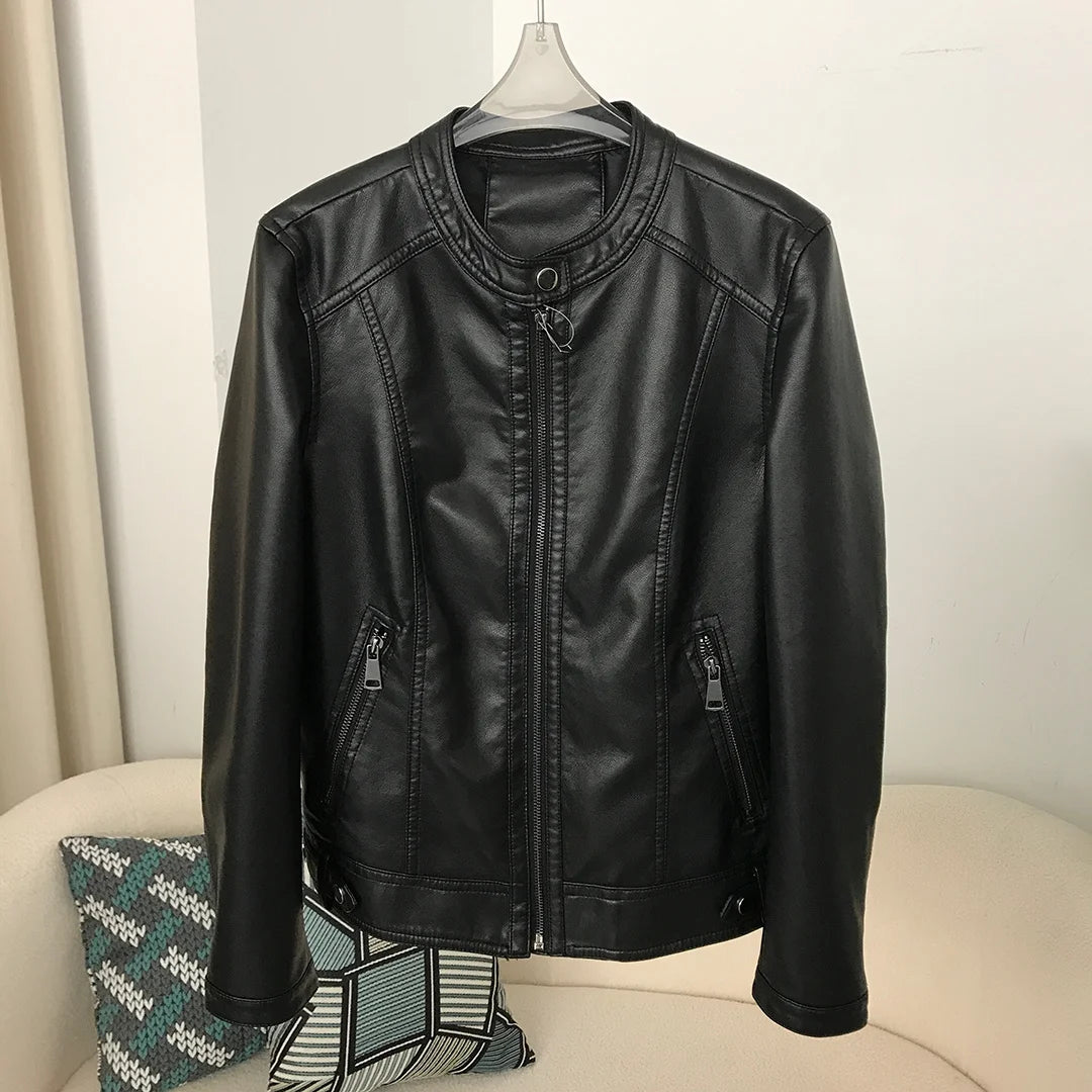 PU Leather Jacket 2024 Spring Autumn Style Round Neck Casual Fashion Slim Versatile Trendy Motorcycle Faux Leather Jacket Women