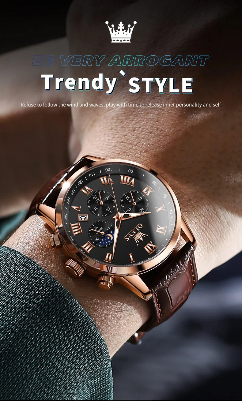 OLEVS 5529 Luxury Quartz Watch For Men Roman Scale Moon Phase Chronograph Man Watches Waterproof Luminous Calendar Wrist Watch