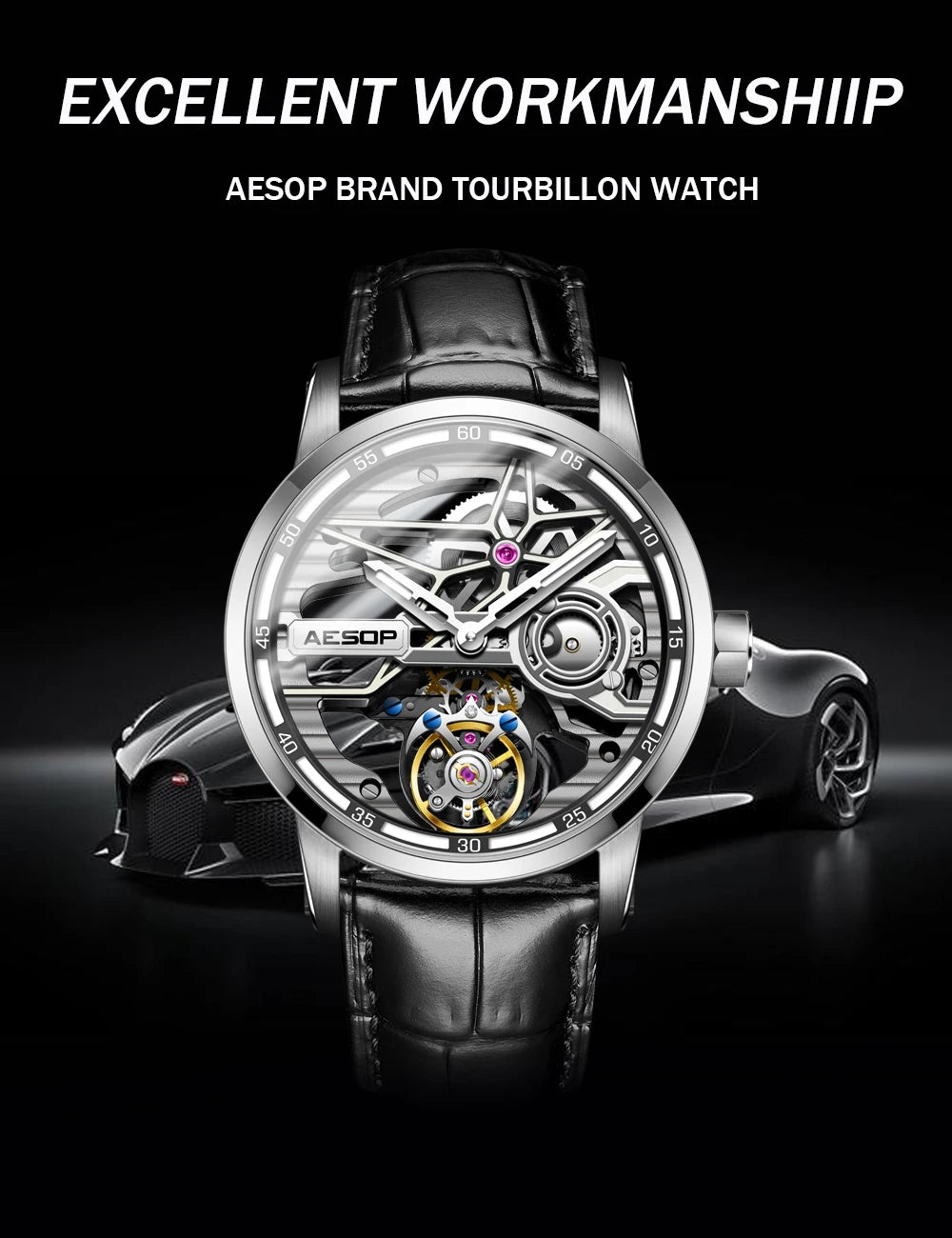 AESOP Flying Tourbillon Watch for Men Skeleton Automatic Tourbillon Movement Mechanical Wrist Watches Mens Fashion Sapphire New