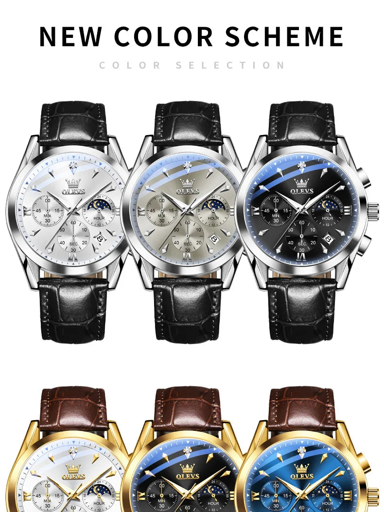 OLEVS 3609 Original Moon Phase Chronograph Man Watch Leather Strap Waterproof Luminous Luxury Brand Quartz Wrist Watches for Men