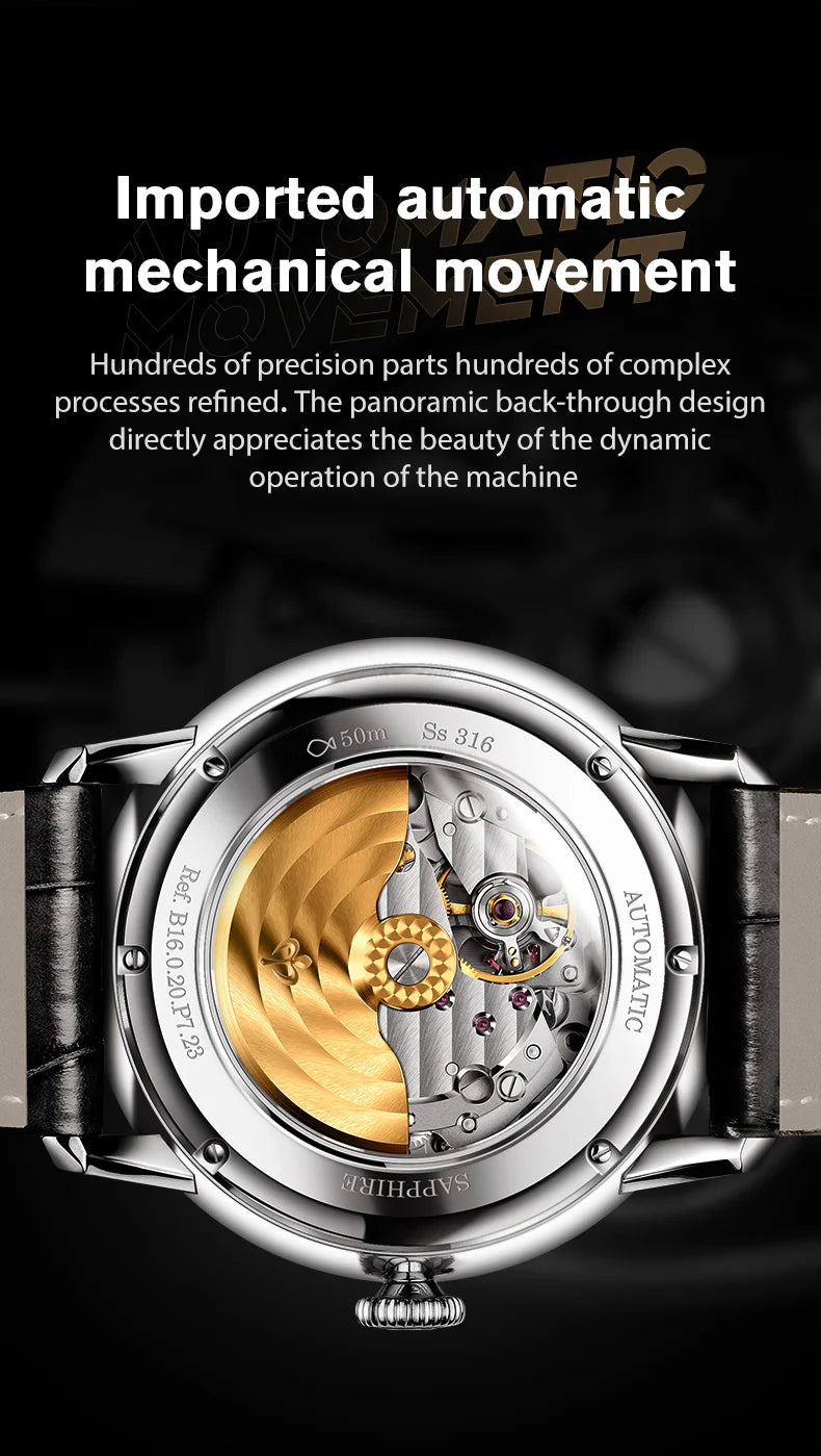 PONIGER Luxury Men's Watch Japanese Automatic Movement Landscape Painting Design Stainless Steel Waterproof Multifunction Clock