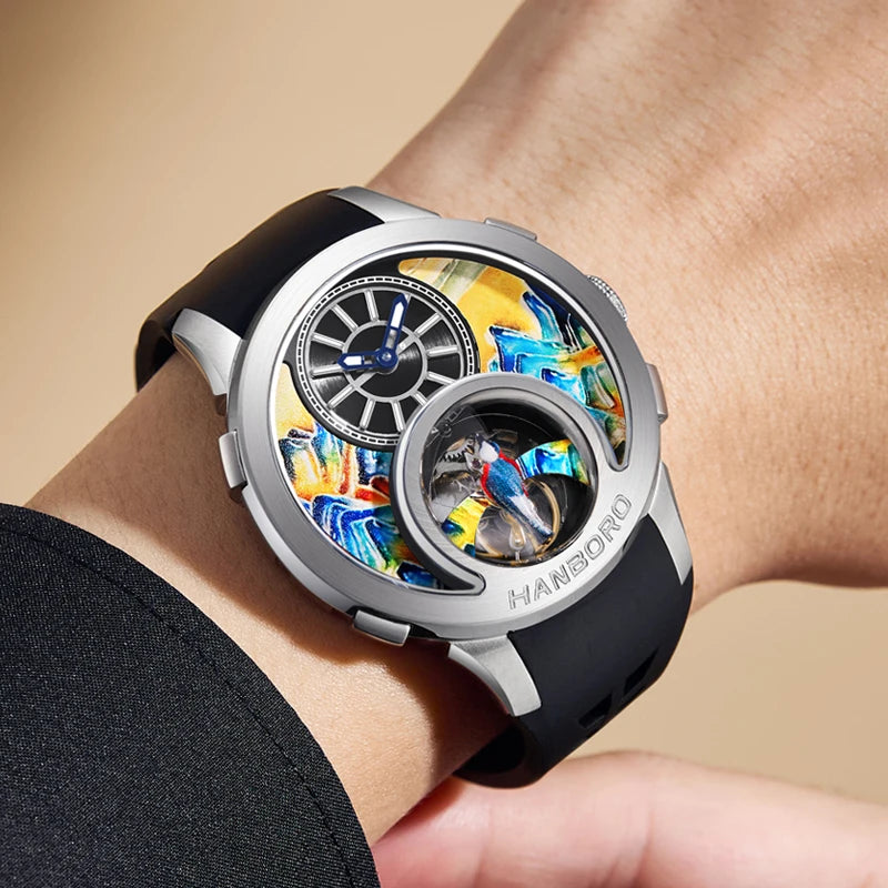 HANBOROThousand Miles Series Oil Painting Personalized Dial Magpie Skeleton Balance Wheel Design Men's Automatic MechanicalWatch