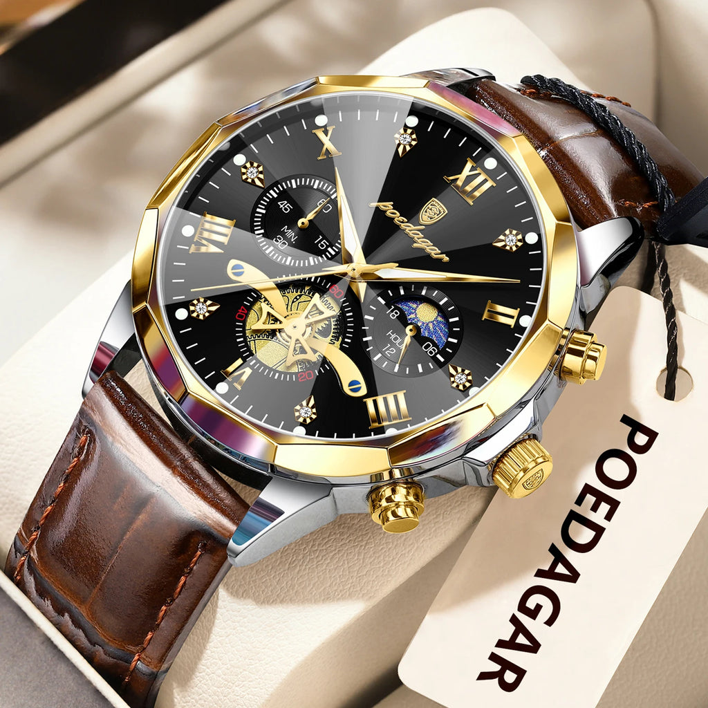 POEDAGAR Military Luxury Men Wristwatch Quartz Waterproof Luminous Chronograph Leather Man Watch Sports Men's Watches Male Reloj