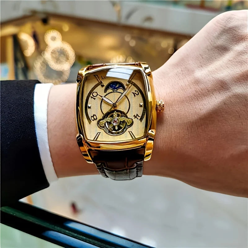 [Luxury Tourbillon Mechanical Watch] Light Luxury Tourbillon Mechanical Watch for Men - Fully Automatic High-End Fashion Trend Hollow Business Casual Men's Watch - Sun, Moon, Star, Barrel Shape, Temperament Large Plate, Gift