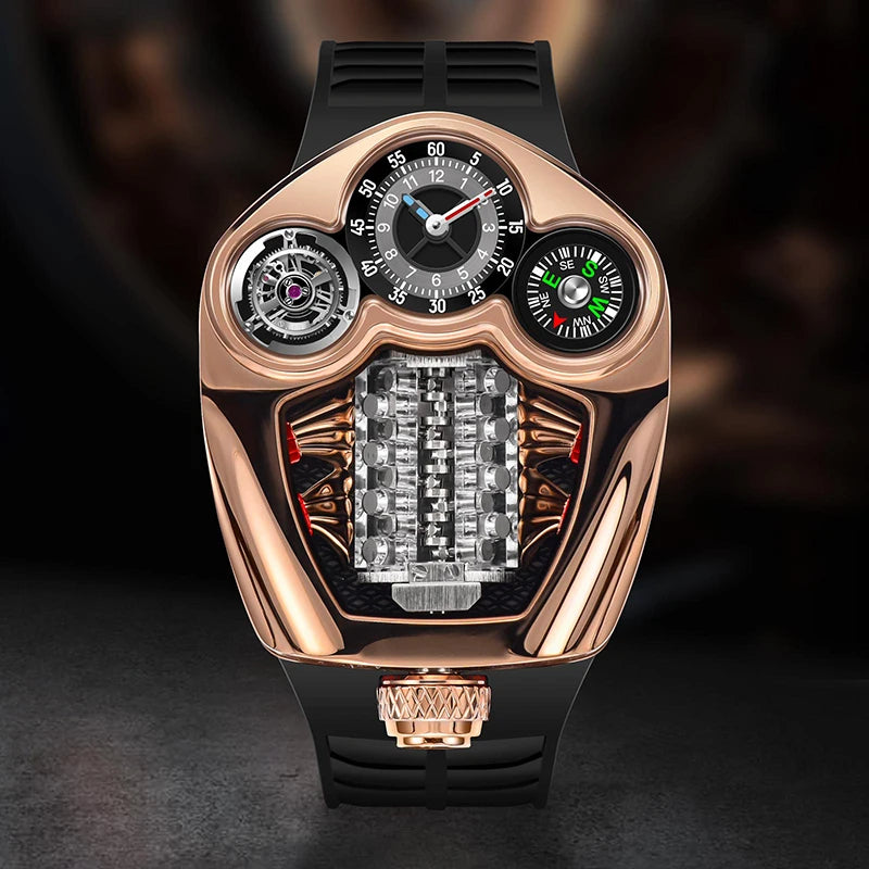 2025 Pindu brand watch men's gold black engine series quartz silicone strap business watch adjustable time watch