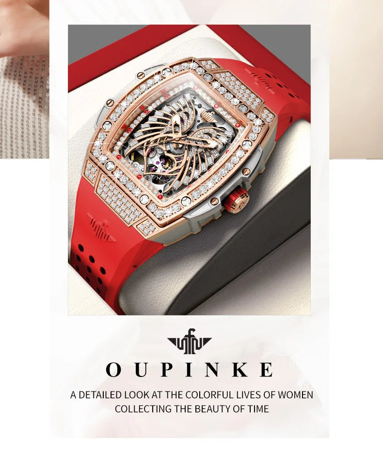 OUPINKE Women's Watches Luxury Fashion Love Diamond Dial Original Automatic Mechanical Watch for Ladies Waterproof Sapphire