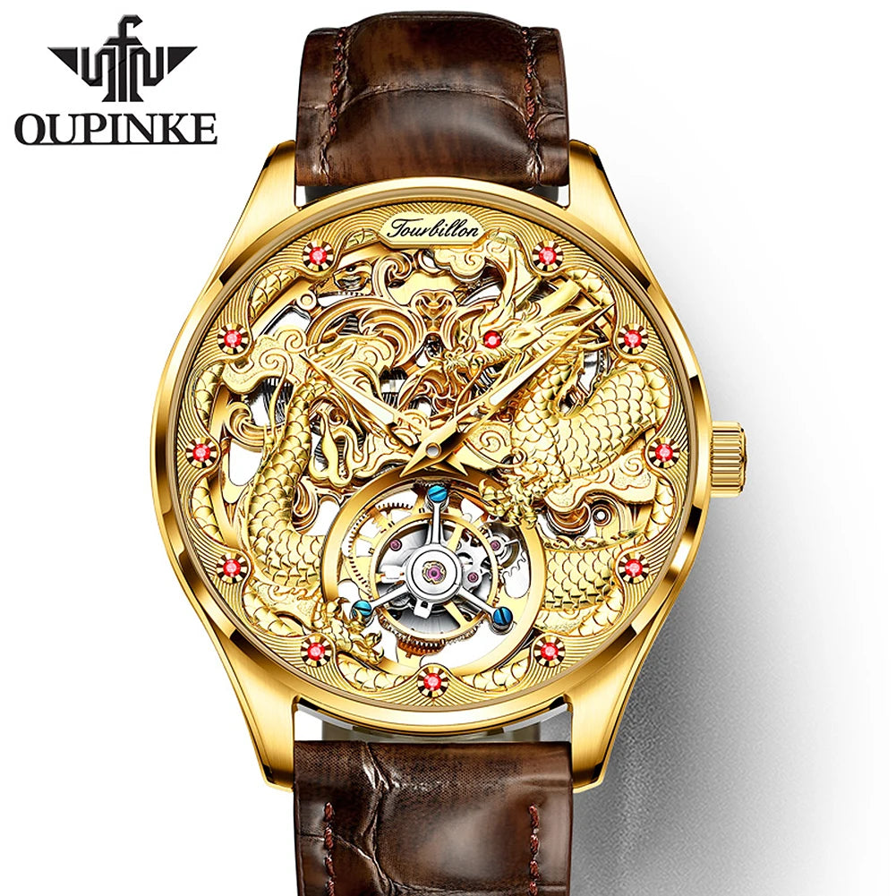 OUPINKE Gold Dragon Automatic Watch for Men Tourbillon Skeleton Mens Watches Original High Quality Luxury Mechanical Wristwatch