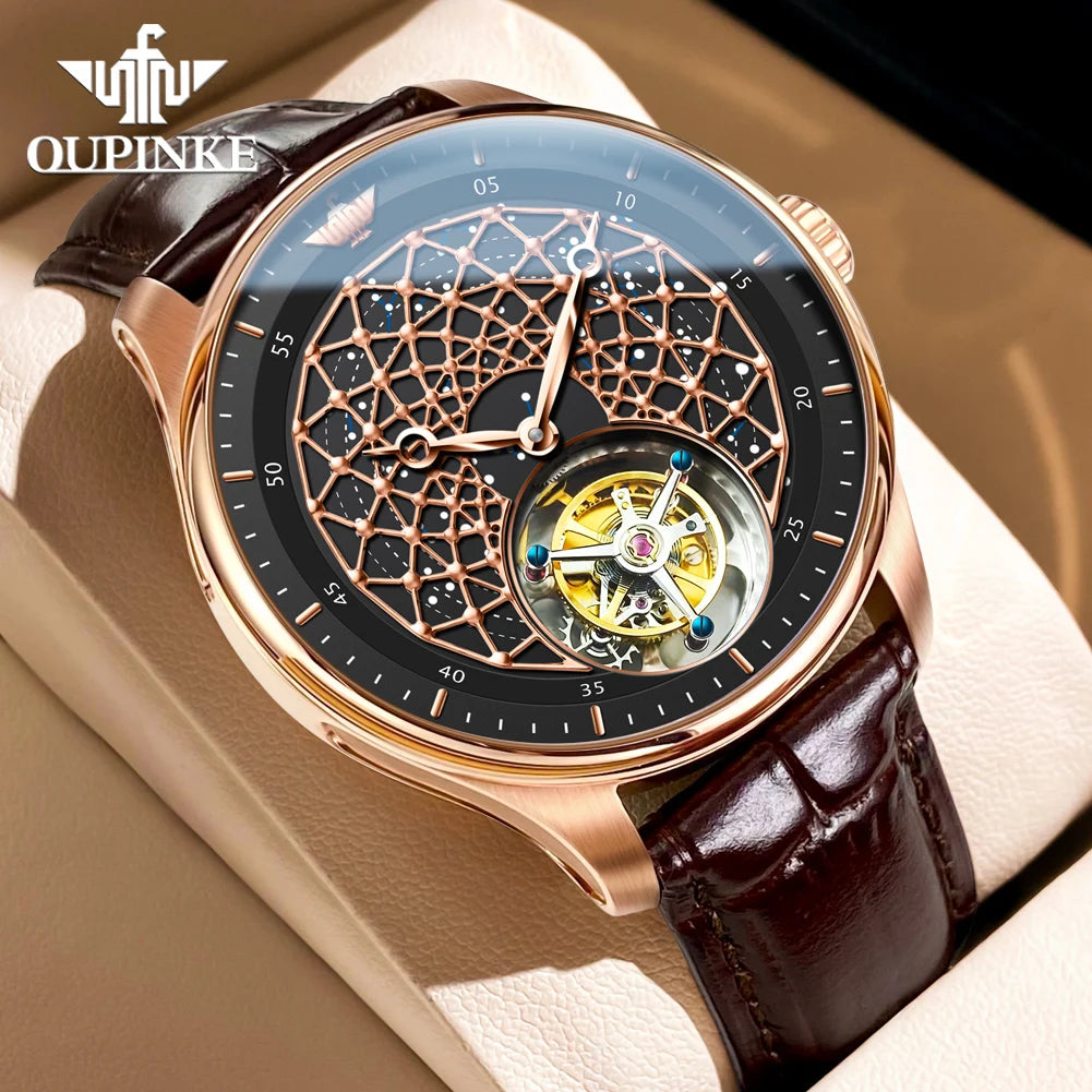 OUPINKE 8002 Watch Man Hollow Deep Waterproof Tourbillon Mechanical Watch For Men Synthetic Sapphire Mirror Fashion Hand Clock