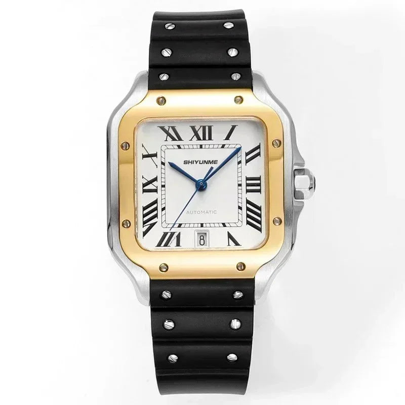 Stainless Steel Mechanical Sports Watch Square Roman Dial Black Leather High Quality Men's Automatic Watch