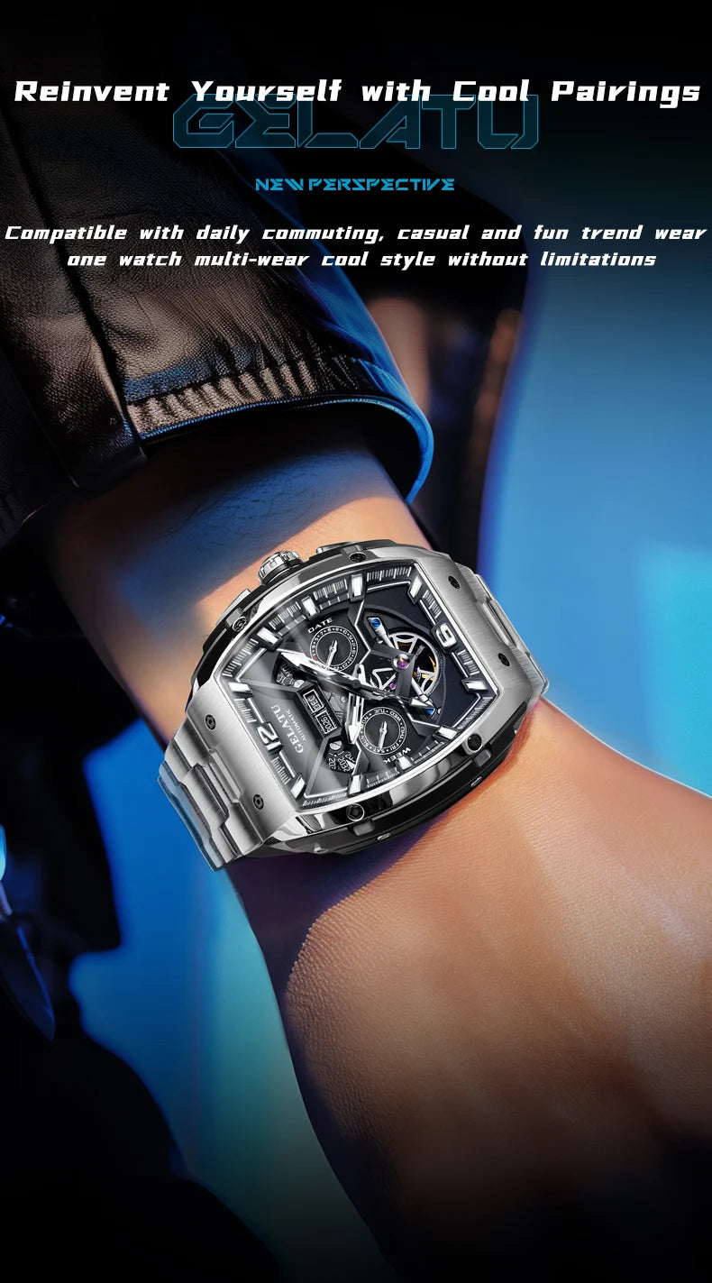 GELATU 6013 Luxury Men Hollow Automatic Mechanical Watch Waterproof Multi functional Original Men Watch Formal Watch Reloj