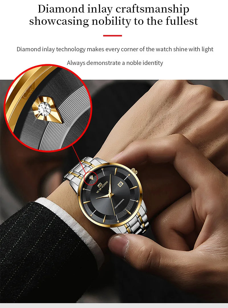 VA VA VOOM Fashion Men's Watches Waterproof Stainless Steel Business Simple Night Light Date Top Brand Quartz Watch for Men