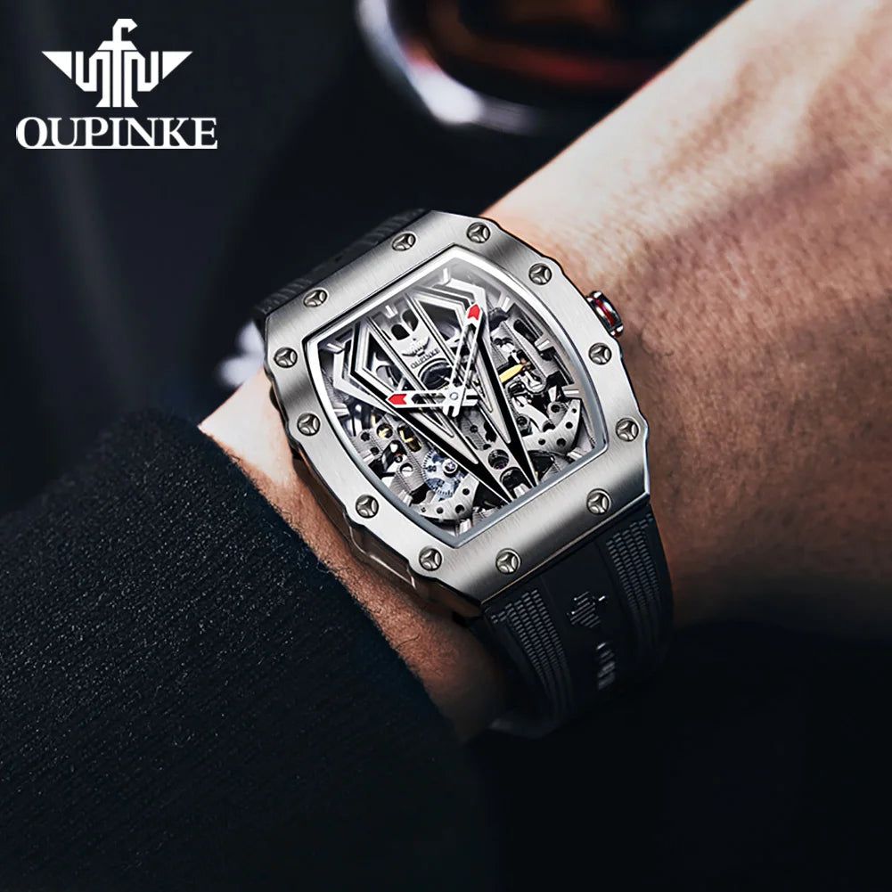 OUPINKE A3179 Mens Watch Luxury Original Brand Skeleton Automatic Mechanical Watch 50M Waterproof Luminous Silicone Strap Watch