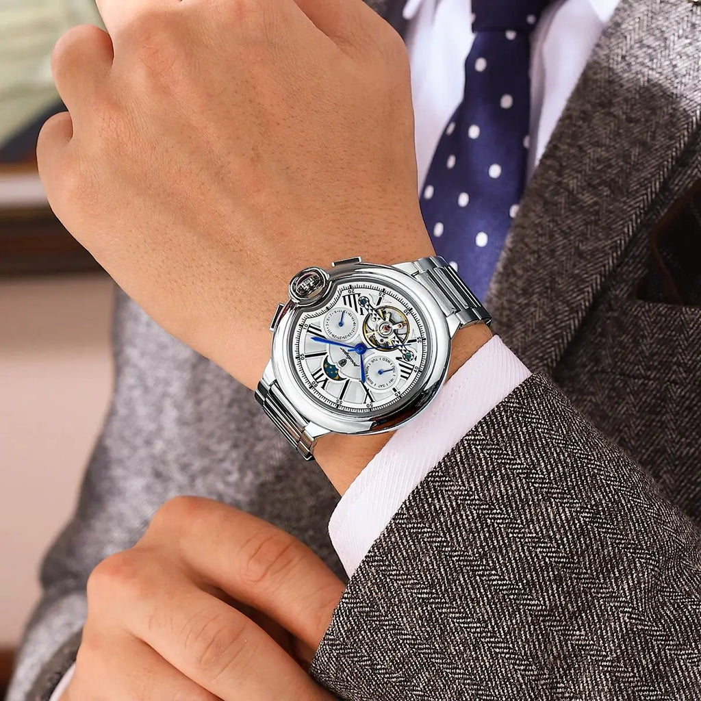 POEDAGAR Luxury Man Watch Tourbillon Date Week Stainless Steel Men Watch Waterproof Automatic Mechanical Military Men's Watches