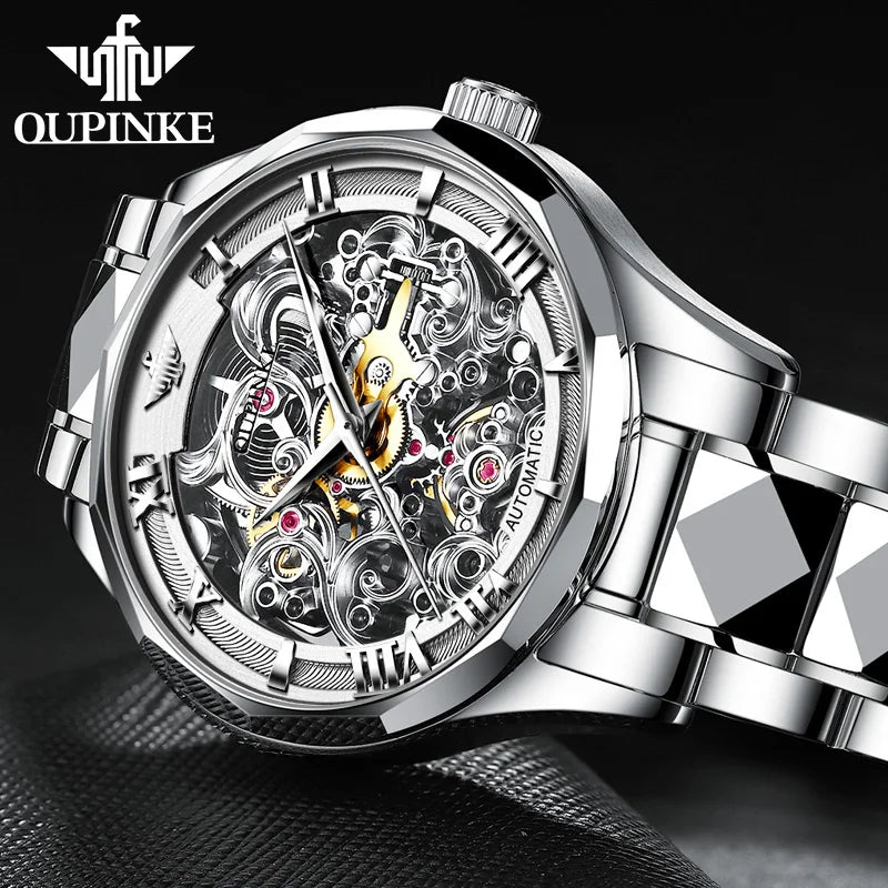 OUPINKE Tungsten Steel Strip Men's Watches Fully Transparent Dial Automatic Mechanical Watch Waterproof Sapphire Mirror Surface