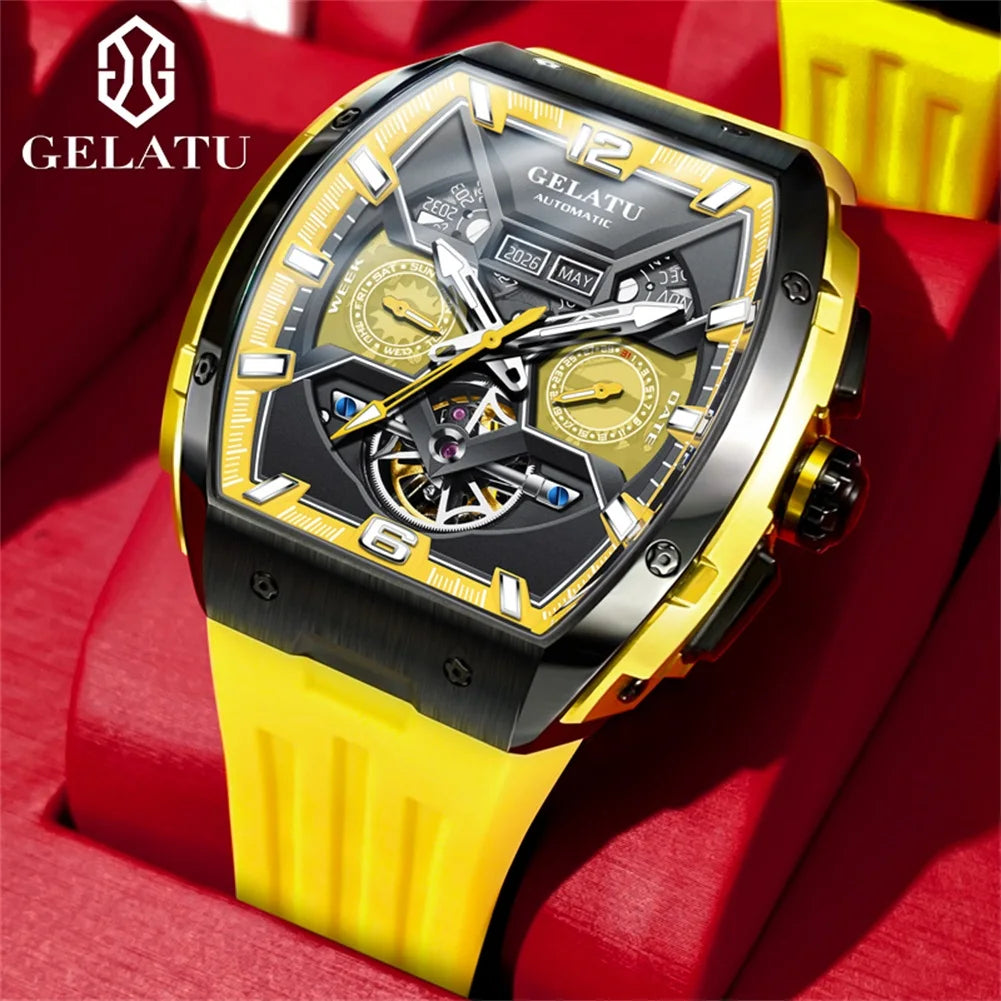 GELATU 6013 Luxury Men Hollow Automatic Mechanical Watch Waterproof Multi functional Original Men Watch Formal Watch Reloj