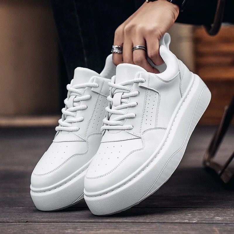 White Board Shoes Male Cow Leather Platform Shoes Man