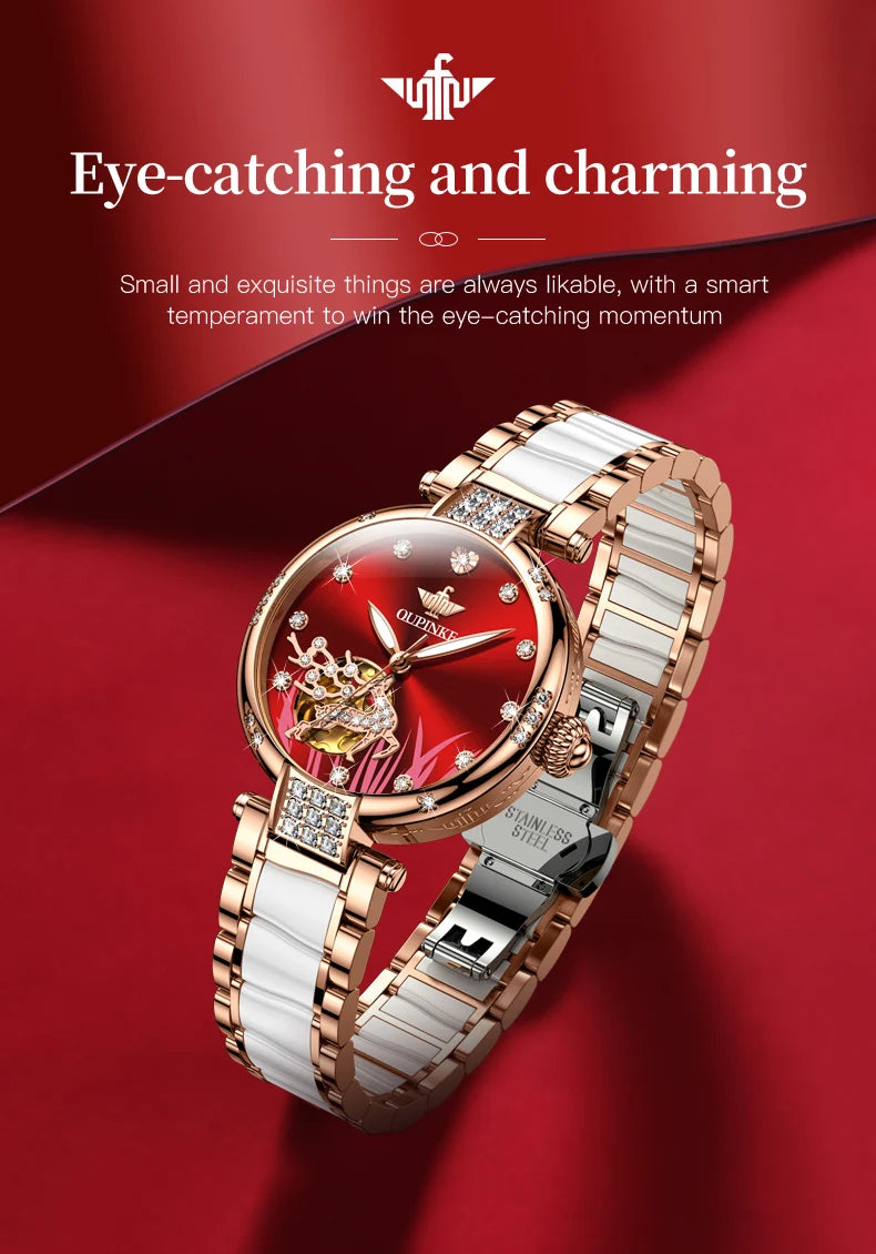 OUPINKE 3211 Women's Watch Elegant Rose Gold Diamond Ceramic Automatic Machinery Women's Watch Luxury Brand Women's Bracelet Set