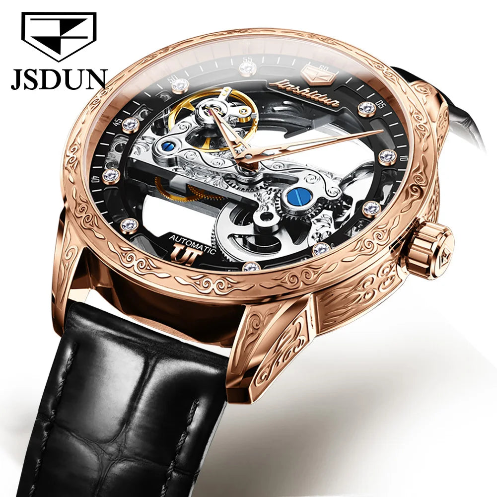 JSDUN 8917 Mens Watch Leather Strap Original Business Multifunctional Mechanical Watch﻿ Waterproof Watches For Man Gifts