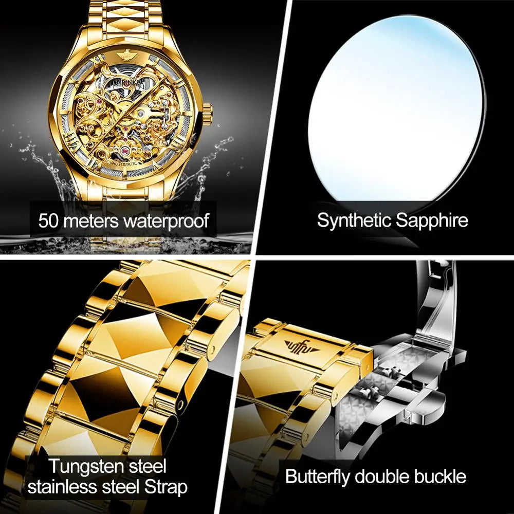 OUPINKE Watches Men Skeleton Automatic Mechanical Wristwatch Luxury Top Brand Sapphire Mirror Tungsten Steel Hollow Montre Homme
