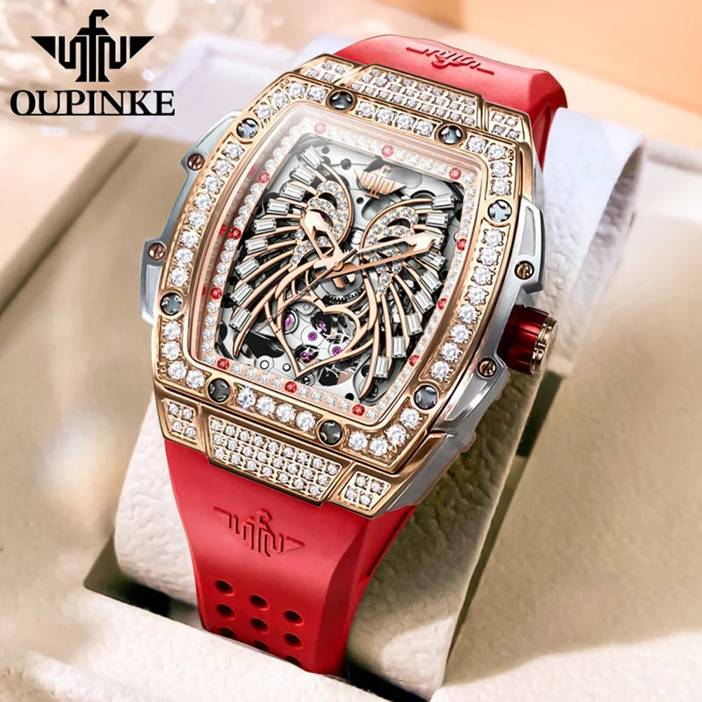 OUPINKE Women's Watches Luxury Fashion Love Diamond Dial Original Automatic Mechanical Watch for Ladies Waterproof Sapphire