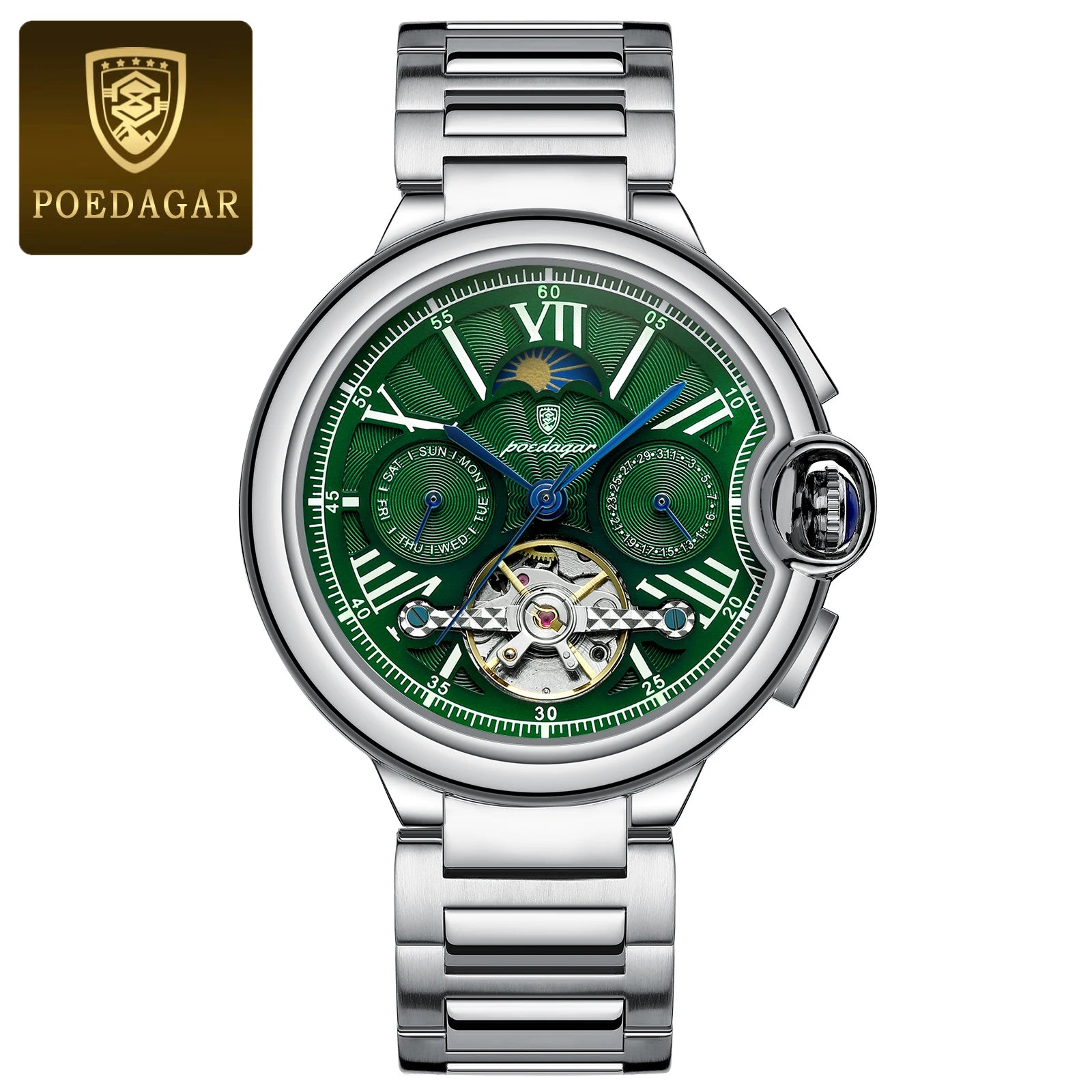 POEDAGAR Luxury Man Watch Tourbillon Date Week Stainless Steel Men Watch Waterproof Automatic Mechanical Military Men's Watches