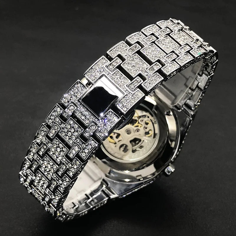 Automatic Watch For Men Luxury Full Ice Out  Hip Hop Tourbillon Watches Bling Diamond Gold Male Mechanical Clock Dropshipping