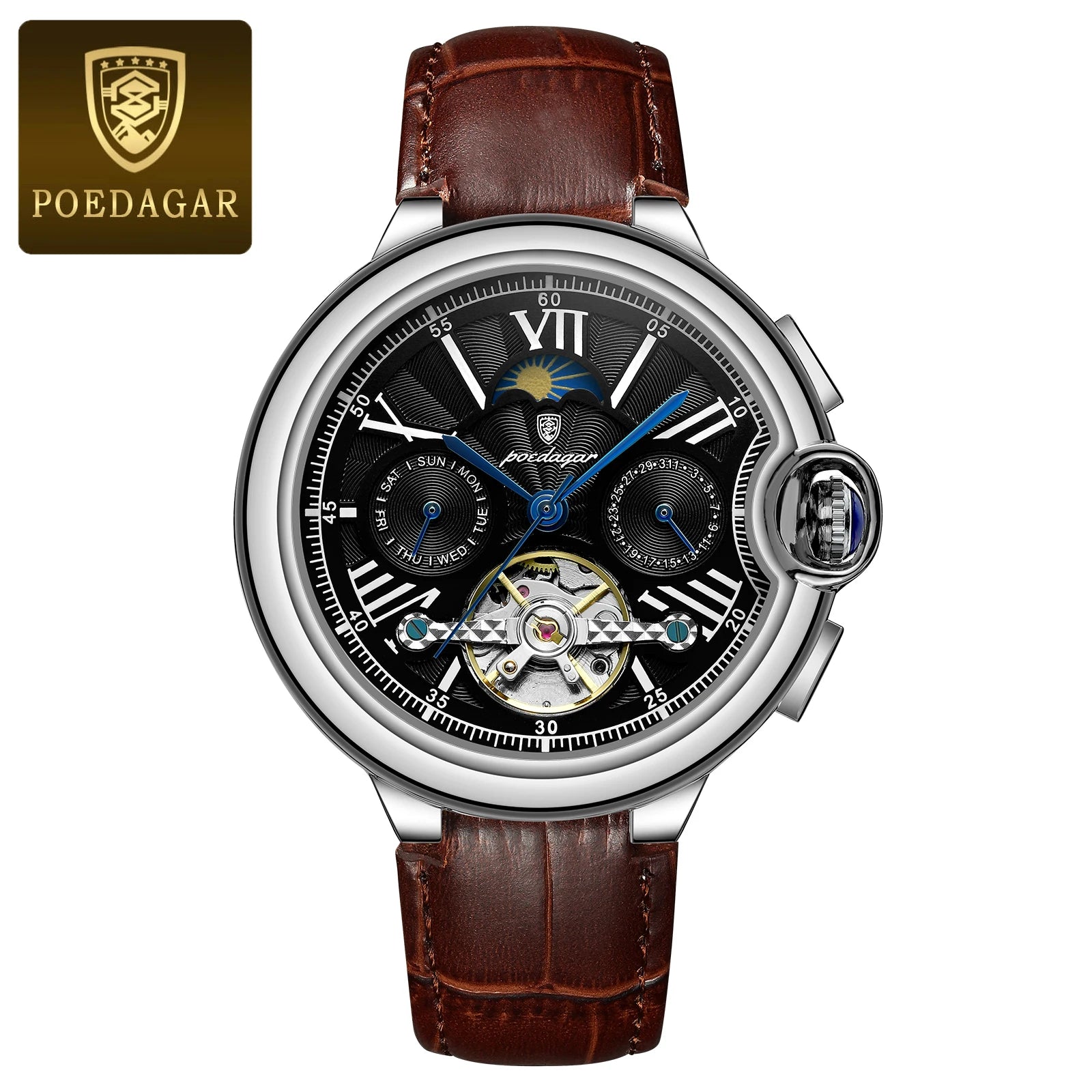 POEDAGAR Luxury Man Watch Tourbillon Date Week Stainless Steel Men Watch Waterproof Automatic Mechanical Military Men's Watches
