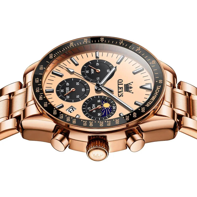 OLEVS Top Fashion All Steel Men Watch Trend Quartz Watch Moon Phase Luminous Steel Strip Waterproof Male Wristwatch