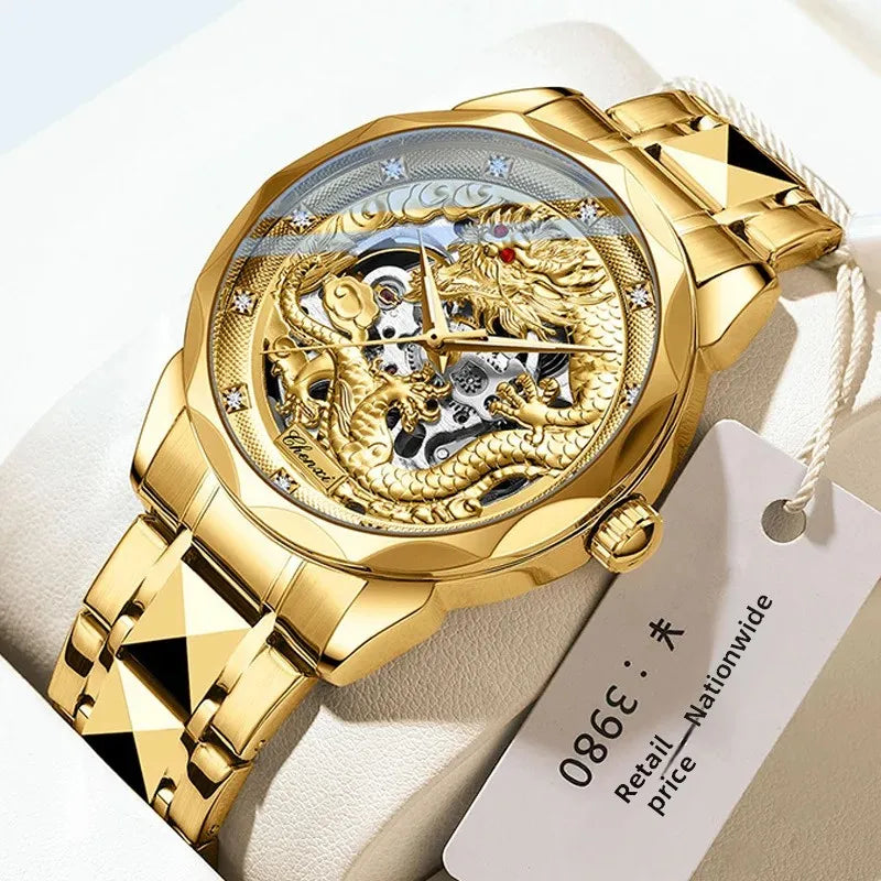Men's Automatic Mechanical Watch Night Glow Waterproof Relief New Fashion Business Leather Steel Band Luxury Timepiece