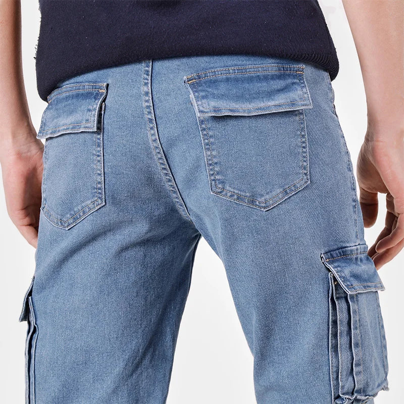 Men's Street Style Elastic Waist Denim Cargo Pants Solid Color Washed Slim Fit Casual Jeans with Multiple Pockets for Daily Wear