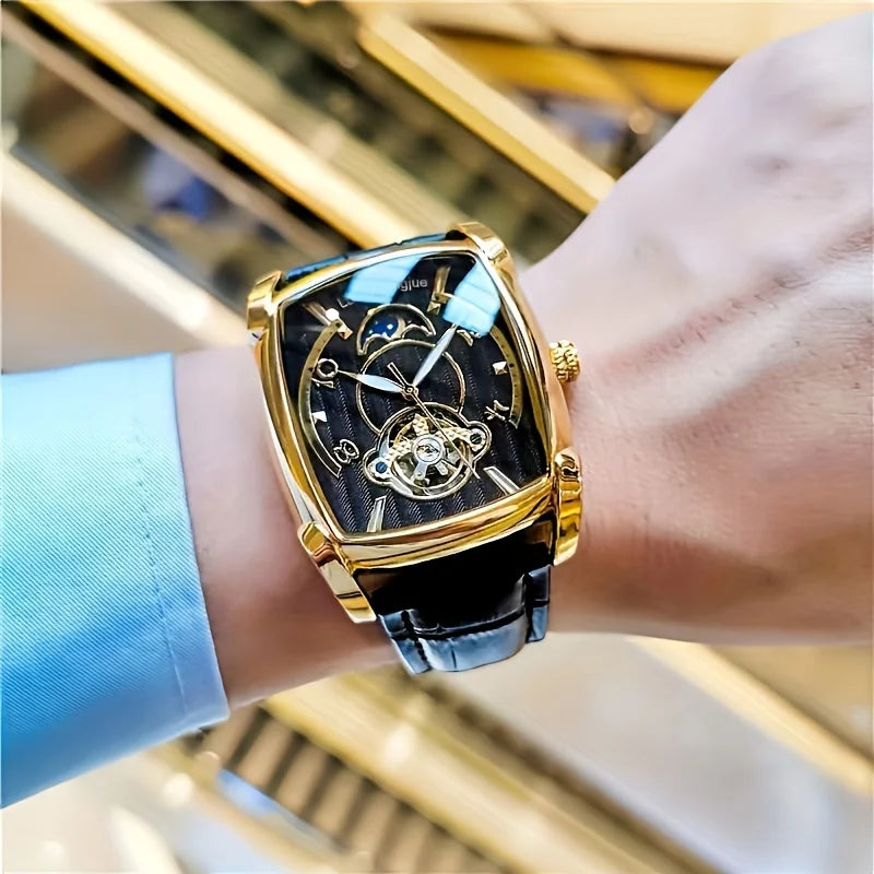[Luxury Tourbillon Mechanical Watch] Light Luxury Tourbillon Mechanical Watch for Men - Fully Automatic High-End Fashion Trend Hollow Business Casual Men's Watch - Sun, Moon, Star, Barrel Shape, Temperament Large Plate, Gift