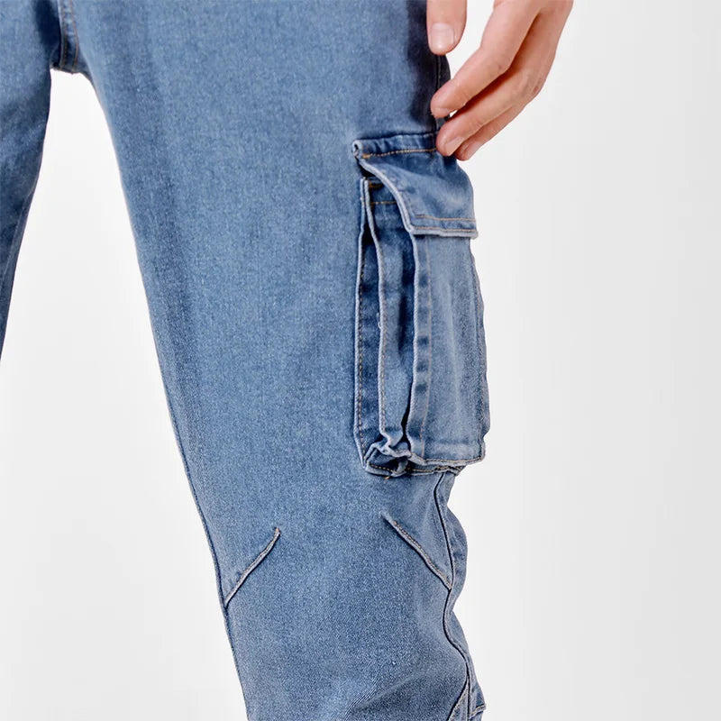 Men's Street Style Elastic Waist Denim Cargo Pants Solid Color Washed Slim Fit Casual Jeans with Multiple Pockets for Daily Wear