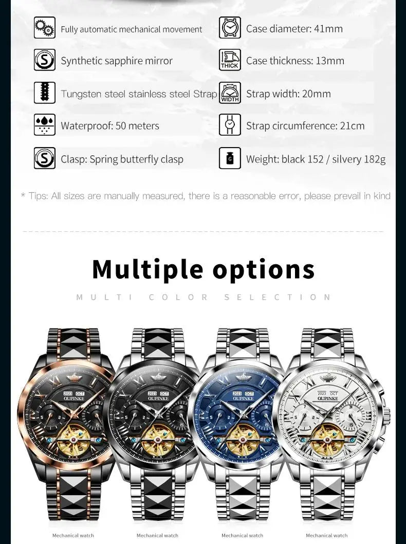 OUPINKE 3236 Men Watch Hollow Skeleton Date Luxury Mechanical Watch For Men Deep Waterproof Roman Scale Male Business Wristwatch