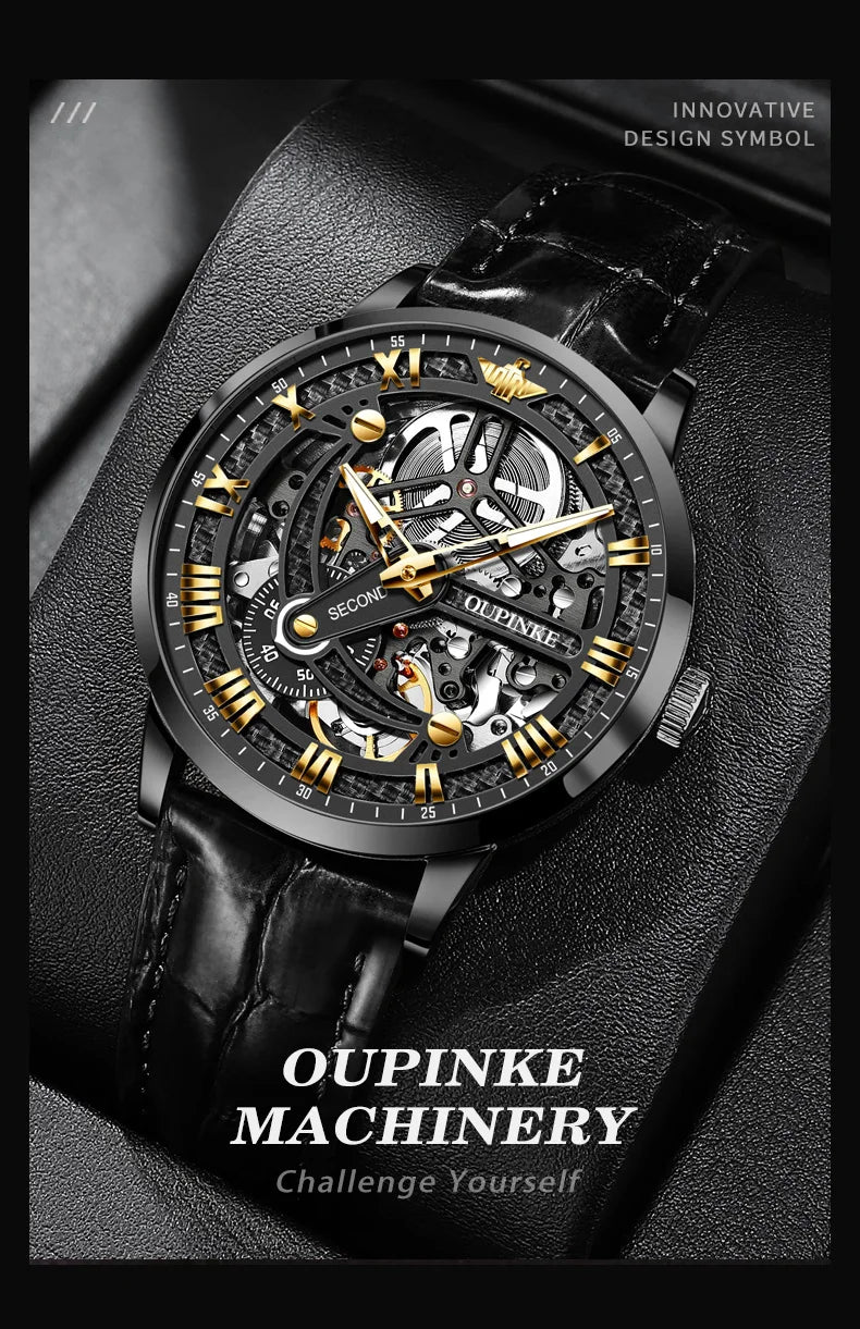 OUPINKE 3173 Men's Full Gold Watch Fully hollow out Waterproof top-level luxury automatic mechanical watch