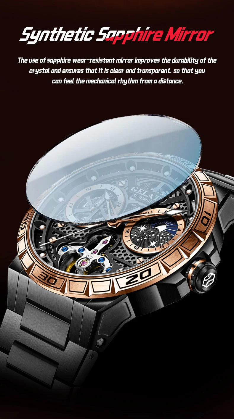 GELATU 6020 Trend Men's Watches Multifunctional Automatic Mechanical Watch for Men Flywheel Hollow out Moon Phase Wristwatch Man