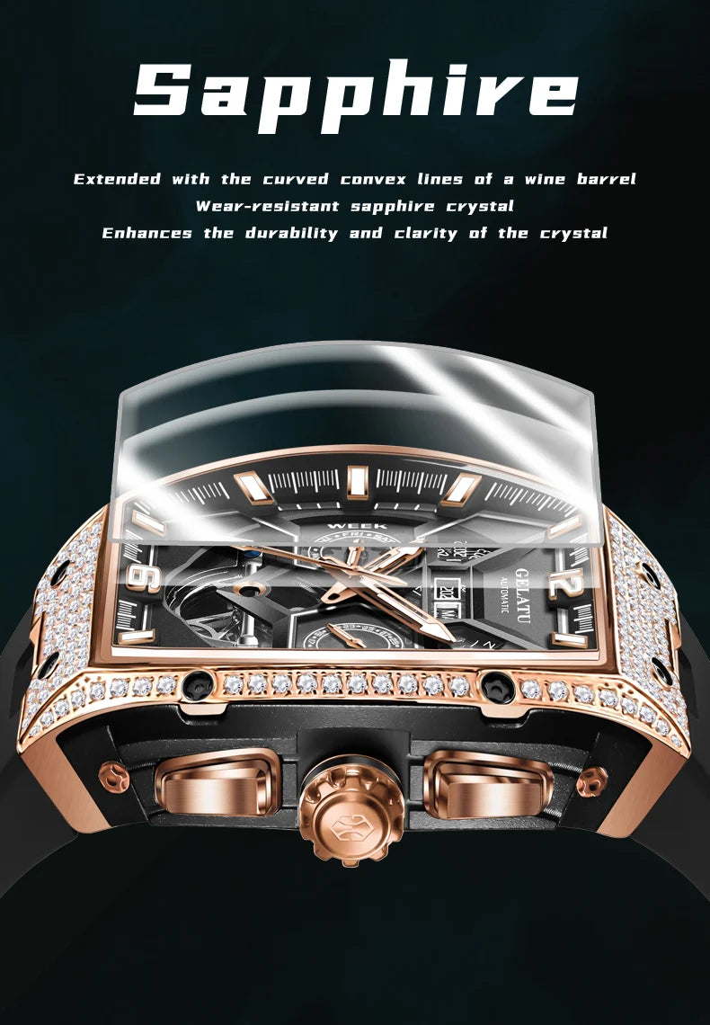 GELATU 6016 Skeleton Flywheel Automatic Men Watch Original Waterproof Silicone Strap Luxury Brand Diamond Men Mechanical Watch