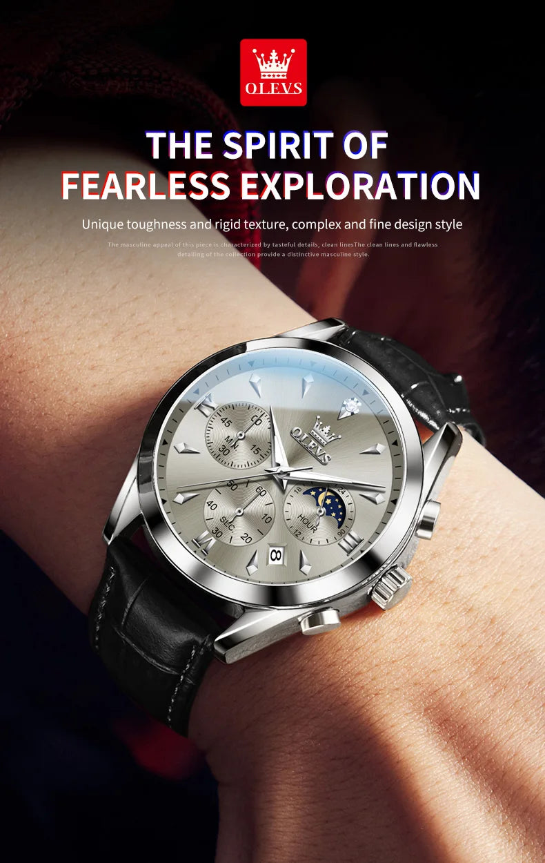 OLEVS 3609 Original Moon Phase Chronograph Man Watch Leather Strap Waterproof Luminous Luxury Brand Quartz Wrist Watches for Men