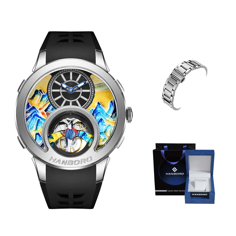 HANBOROThousand Miles Series Oil Painting Personalized Dial Magpie Skeleton Balance Wheel Design Men's Automatic MechanicalWatch