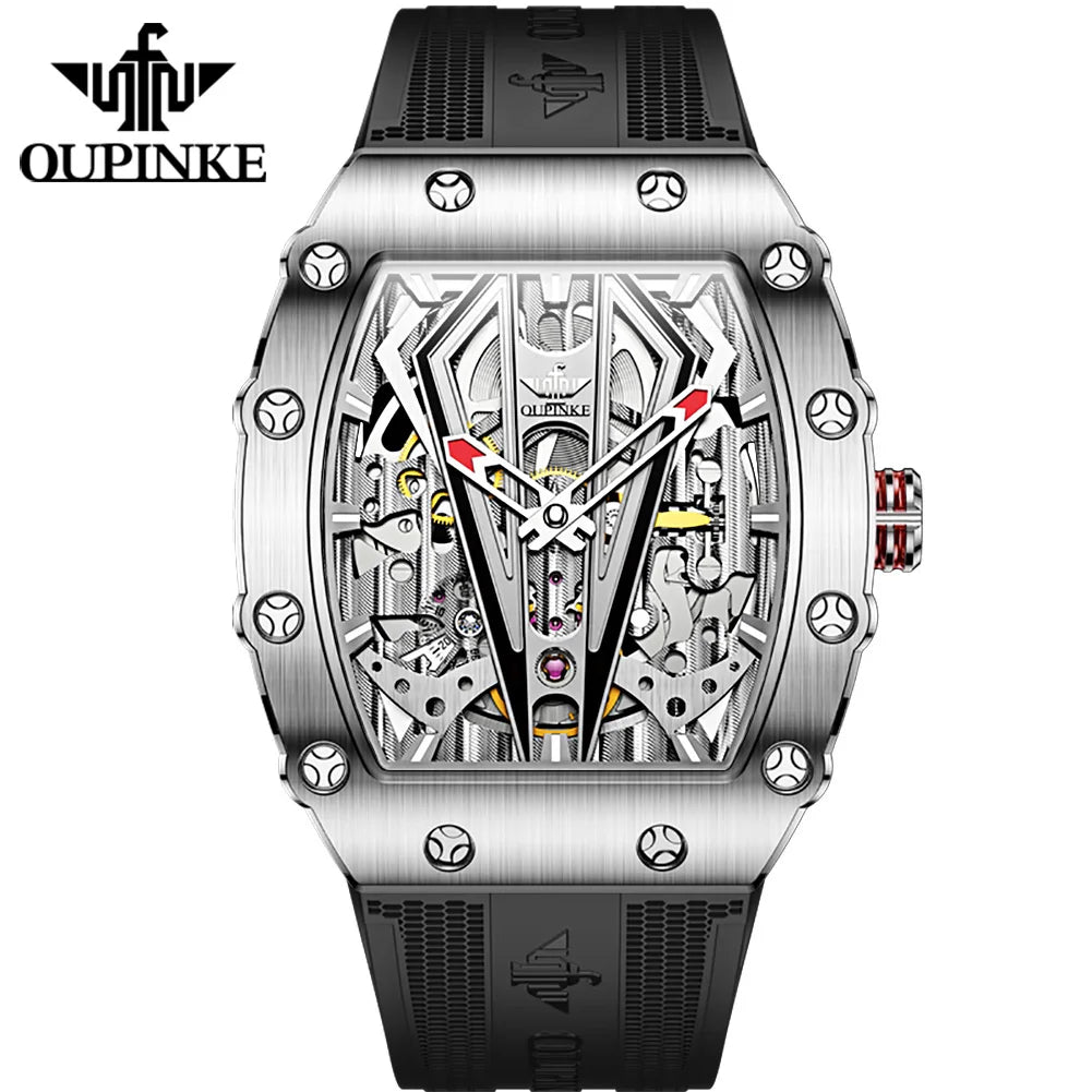 OUPINKE 3179 Men's Watches Top Brand Skeleton Tonneau Automatic Mechanical Luxury Original Watch for Men 5m Waterproof Man Watch