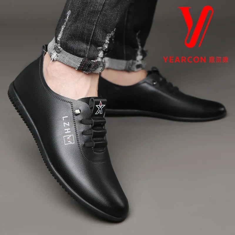 Yearcon Men's Slip-On Leather oes Breathable Thin Faionable Soft Bot And Anti-Slip Casual Lace-Up round Toe Rubber Sole