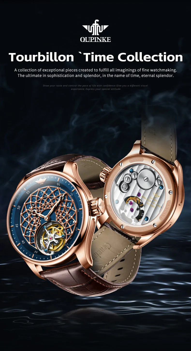 OUPINKE 8002 Watch Man Hollow Deep Waterproof Tourbillon Mechanical Watch For Men Synthetic Sapphire Mirror Fashion Hand Clock